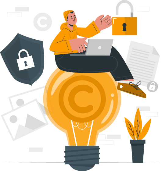 Person sitting on a copyright-marked lightbulb surrounded by lock symbols, a shield, documents, and photos, representing intellectual property protection.