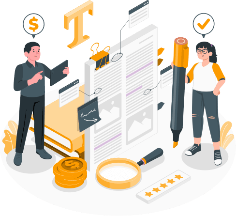 Two characters analyzing documents, surrounded by icons of copyright, finance, and tools for editing and approval.