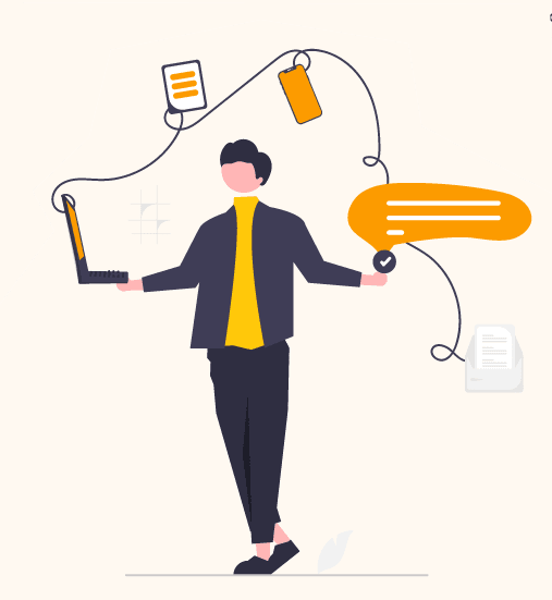 Businessperson managing communication and data flow with digital devices and documents.