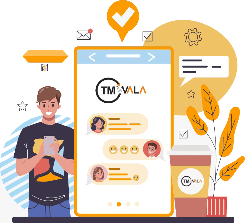Smiling man using a smartphone with a large messaging interface showing TM Wala branding and chat bubbles.